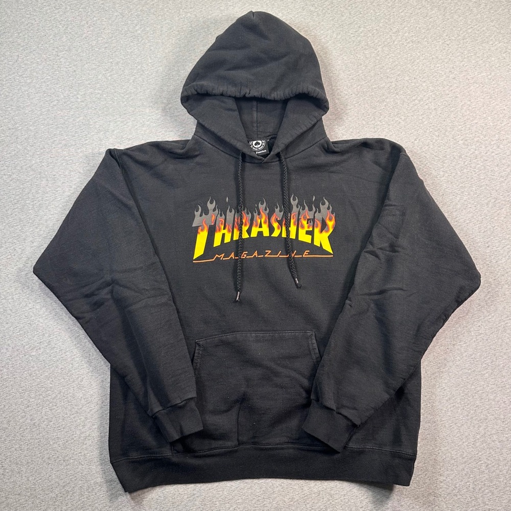 Y2K Thrasher Magazine Flame Logo Hoodie Mens M Black Pullover Skater Y2K